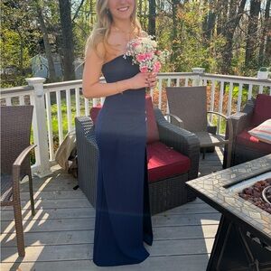 Long strapless dress. Worn for junior prom. Selling in navy and emerald green